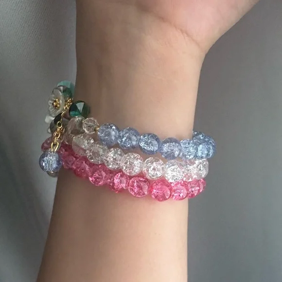 3 Floral Crystal Drop Glass Bead Bracelets - Picture 3 of 4